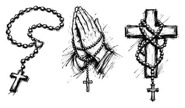 Praying hands holding rosary and holy cross with beads in hand drawn sketch style