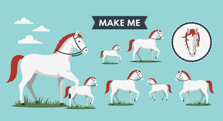 Set of white horses in various poses with red manes and tails on a grassy field under blue sky. © STOCK MANIA