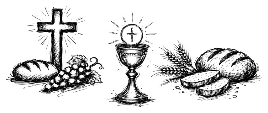 Holy communion symbols with chalice bread grapes and wheat in hand drawn sketch style
