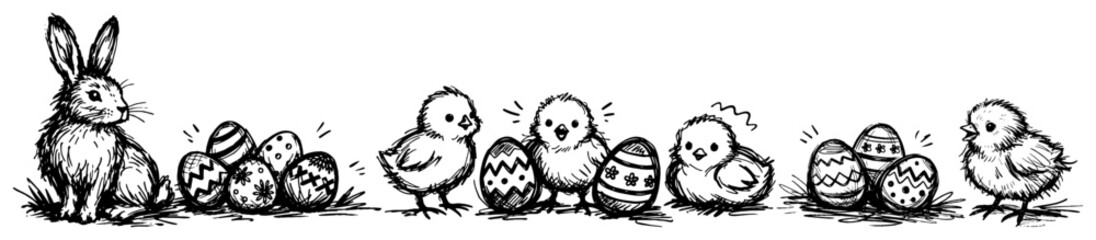 Easter bunny and cute little chicks with decorated holiday eggs in hand drawn sketch style © Katarzyna