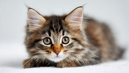 A cute fluffy kitten lies on a soft surface looking directly at the camera.