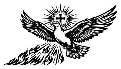 Fototapeta premium Holy Spirit dove with flames and cross symbol in black and white engraving style