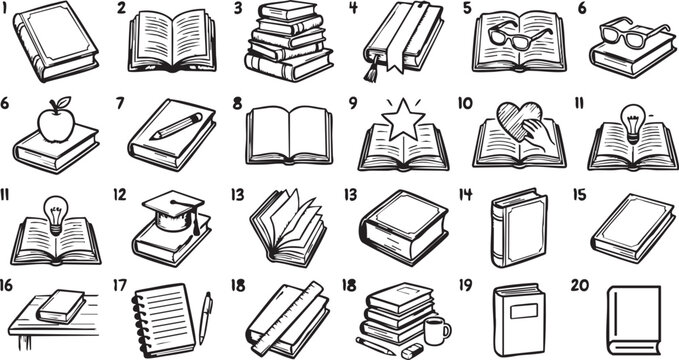 Collection of twenty individual black and white vector illustrations depicting various books opened closed stacked and featuring educational symbols like an apple graduation cap and bright ideas