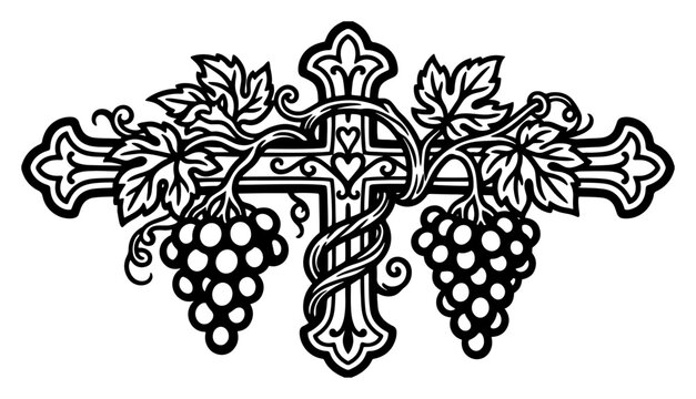 Ornate cross with grapevines and fruit bunches black and white vector graphic
