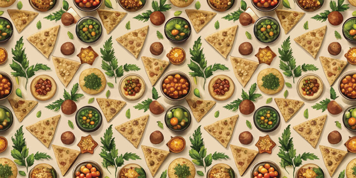 Colorful array of diverse pizzas with assorted toppings and greens in a repeating pattern Vector