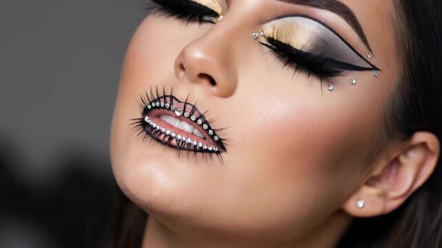 Glamorous Makeup Artistry: Dramatic Eyes and Crystal Embellished Lips