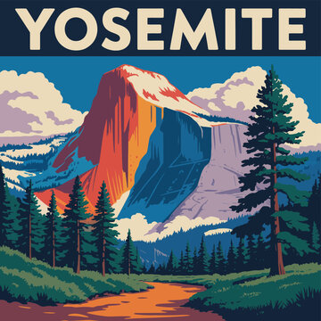 Yosemite National Park Poster, Retro Geometric Mountains Pine Trees Scenic Landscape Vintage Travel Illustration Artwork Design