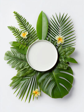 A round blank frame with tropical flowers and green lush leaves as an empty frame for invitation 