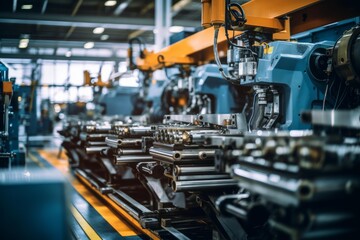 Fototapeta premium Automated manufacturing process shaping metal components on modern production lines
