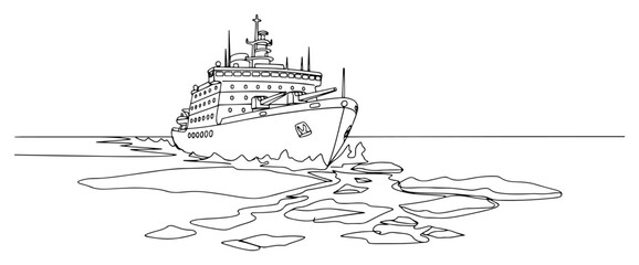 Icebreaker ship sailing through frozen arctic sea, continuous one line drawing vector, maritime transport, vessel crushing ice, north pole expedition © ----WWWLINE----