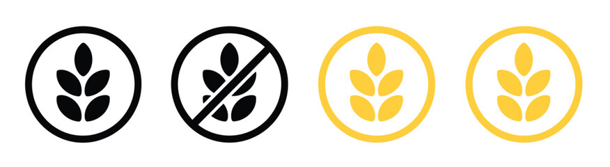 Gluten free label vector icons set, featuring no wheat symbols, templates for gluten-free food packaging, dietetic products, and nutrition signs in vector illustration.