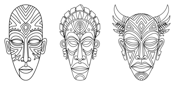 African tribal mask set, ethnic ornamental masks vector illustration, traditional ritual symbols, hand drawn line art for coloring book, indigenous culture