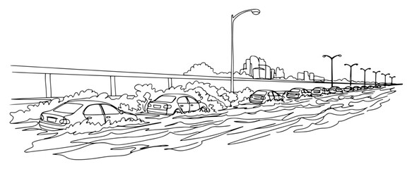 Fototapeta premium Flooded highway with cars submerged in water, continuous one line drawing vector, natural disaster and extreme weather flood concept
