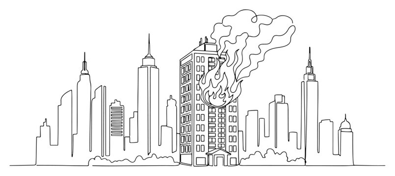 Skyscraper on fire in city skyline with smoke, continuous one line drawing vector, urban emergency and disaster concept