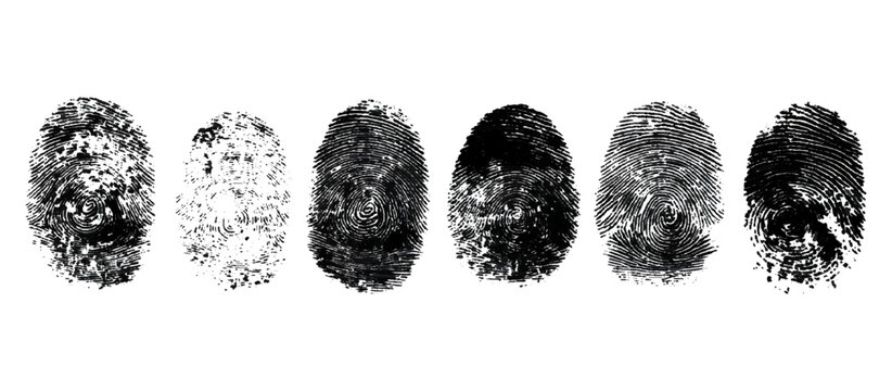 Abstract fingerprint imprint texture set. vector black grunge distressed ink evidence technology artistic dirty background design.