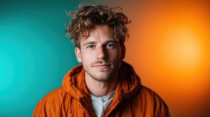 Obraz premium This striking portrait features a young man with expressive eyes and stylish hair against a dual-colored background, portraying individuality and modern fashion trends.