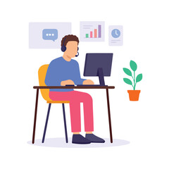 Man at computer with headset, working in modern office setting