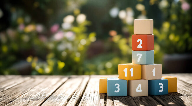 Colorful numbered wooden blocks pyramid on outdoor table