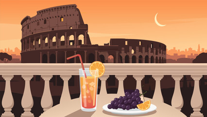 Vector illustration of the Colosseum in Rome with a refreshing orange drink and grapes on a balcony overlooking a cityscape, perfect for travel and lifestyle themes © vector