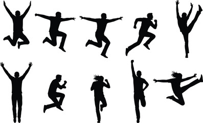 Silhouettes of people jumping and running in dynamic energetic poses, fitness illustration showing motion, celebration, activity, sports, and expressive movement