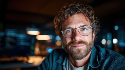 Obraz premium A thoughtful man with a beard sits in a dimly lit modern workspace, reflecting the essence of focus and creative thought in an intimate and inviting environment.