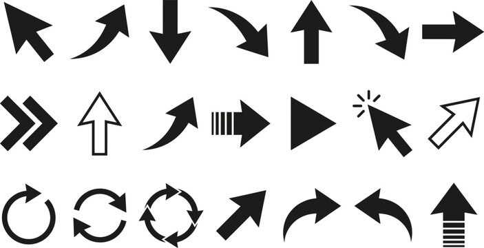 A comprehensive collection of black arrow icons and vector signs in various shapes and directions for web design elements and business website buttons