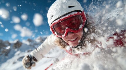 An exhilarating moment captured as a snowboarder embraces the thrill of fresh powder snow, radiating joy and adventure against a stunning blue sky backdrop.