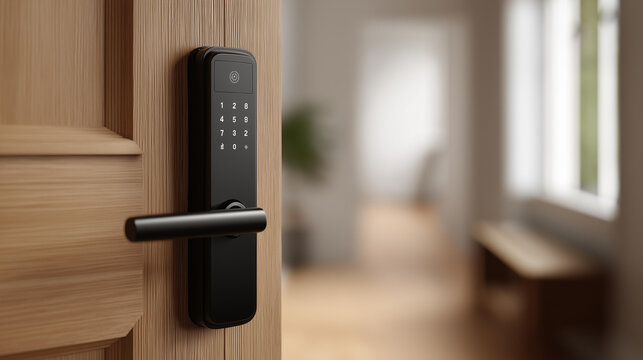 Sleek modern smart lock with a glossy black finish installed on a natural wood-toned door in a minimalist entryway, close-up detail of the keypad and fingerprint sensor, defocused hallway