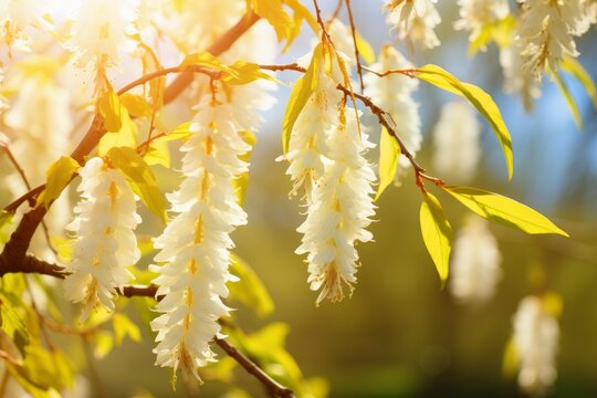 White styrax flowers blooming hanging from branches with green leaves during spring