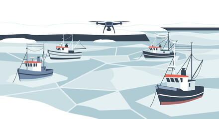 Naklejka premium Drone flying over frozen harbor with fishing boats for stunning aerial winter landscape and Arctic exploration