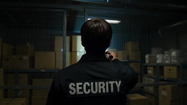 Security guard with flashlight in dark storage room with boxes on shelves