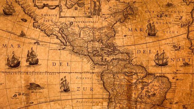 Zoom into antique map showing North and South America.