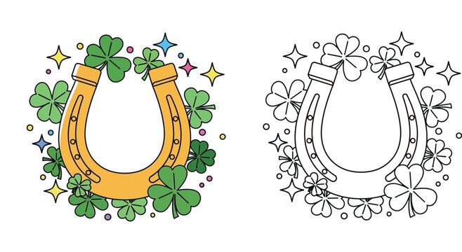 St Patrick's Day lucky golden horseshoe and green shamrocks. Colorful version and black and white line art outline for coloring book page vector illustration.