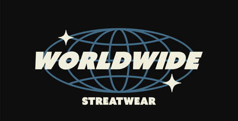 Worldwide typography design with globe grid and star sparkles. Logo design in retro urban style for t-shirt, apparel graphic, street culture design element on dark background