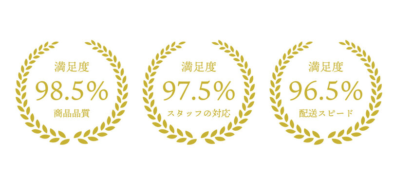 満足度ラベル3つセット 月桂樹アワードバッジ ゴールド フラットイラスト