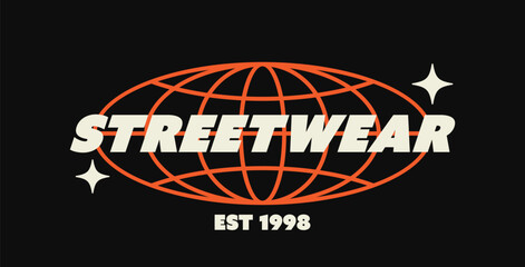 Streetwear typography design with globe grid and star sparkles. Logo design in retro urban style for t-shirt, apparel graphic, street culture design element on dark background