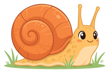 Cute cartoon snail with shell sitting on a leaf and branch on a white background © Salih