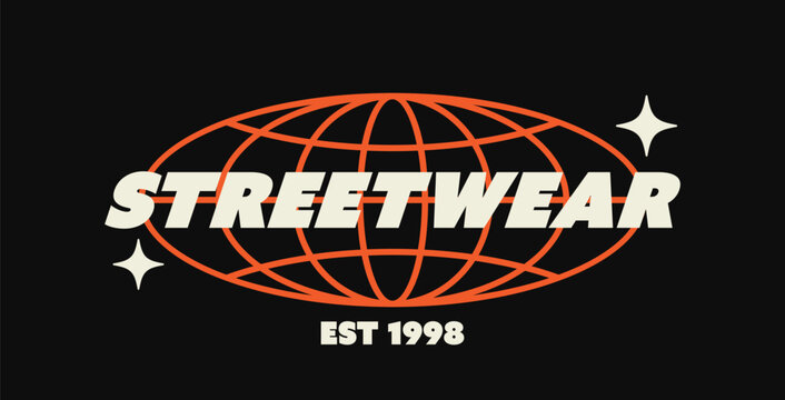 Streetwear typography design with globe grid and star sparkles. Logo design in retro urban style for t-shirt, apparel graphic, street culture design element on dark background