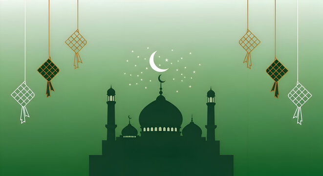 flat vector illustration of mosque at night during eid celebration, crescent moon, glowing lanterns, stars in sky, peaceful atmosphere, modern minimal vector style, green and gold palette, clean desig