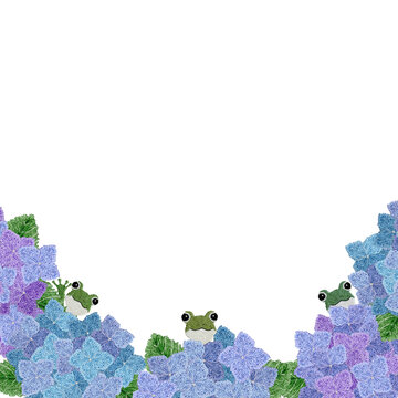 手刺繍の紫陽花とカエルのかくれんぼフレーム