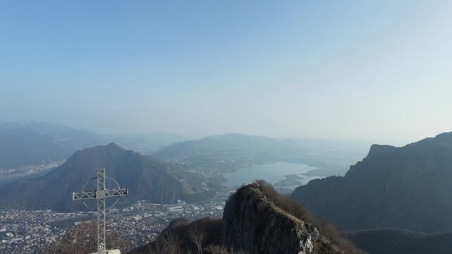 Corno Orientale, Valmadrera, Lecco, Lombardia - Drone View, aerial shot of the mountain top with wide views over the entire landscape below