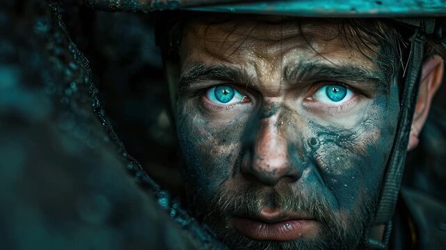 Soldier with camouflage face paint staring intensely