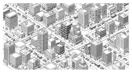 Detailed Isometric Cityscape Drawing with Buildings and Streets.