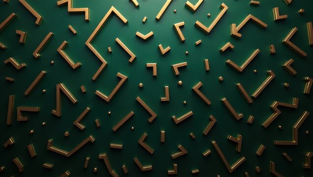 Formas geom&eacute;tricas de oro met&aacute;lico dispuestas en un patr&oacute;n sin costuras sobre un fondo verde esmeralda oscuro