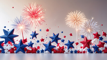 Obraz premium Displaying glittery red white blue stars and confetti on glossy tabletop, with fireworks backdrop