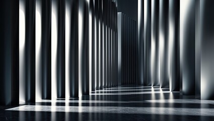 Fototapeta premium Drawing eyes along central corridor in gallery, with metallic columns, stone floor, light openings