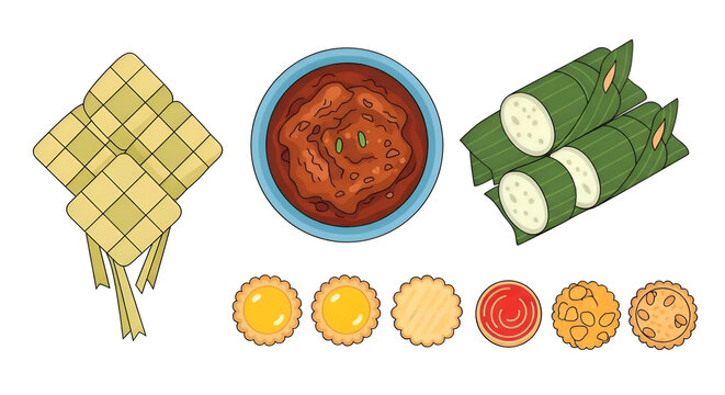 flat vector illustration of traditional malaysian eid food set including ketupat, rendang, lemang, kuih raya cookies, top view composition, clean minimal vector style, bright festive colors, isolated 