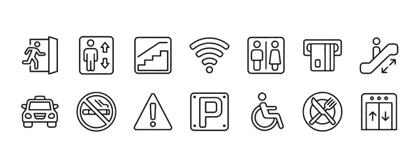 Set of modern line icons for public spaces like elevators, stairs, and restrooms © Jimina