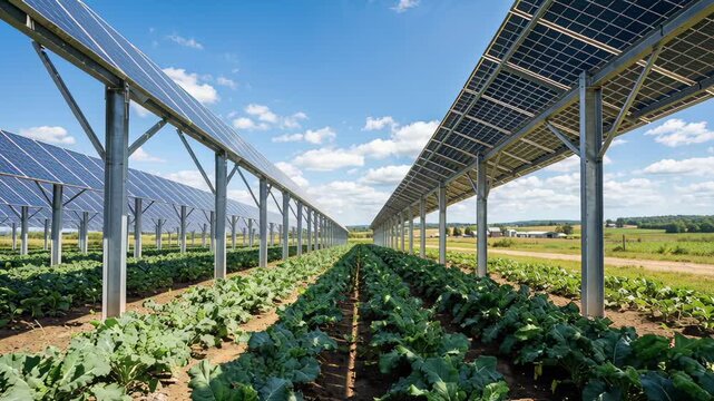 solar panels over green fields capturing renewable energy on a sunny day in rural landscape