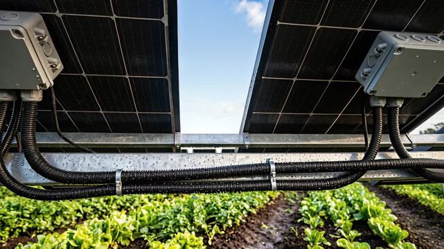 close-up of solar panel wiring over a lush green vegetable field under a bright blue sky
